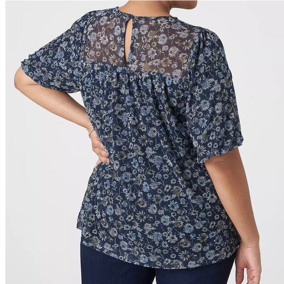 LANE BRYANT Puff Sleeve Crew Neck Mesh Blouse Women's Size 18/20 Navy Floral NWT - Picture 2 of 13